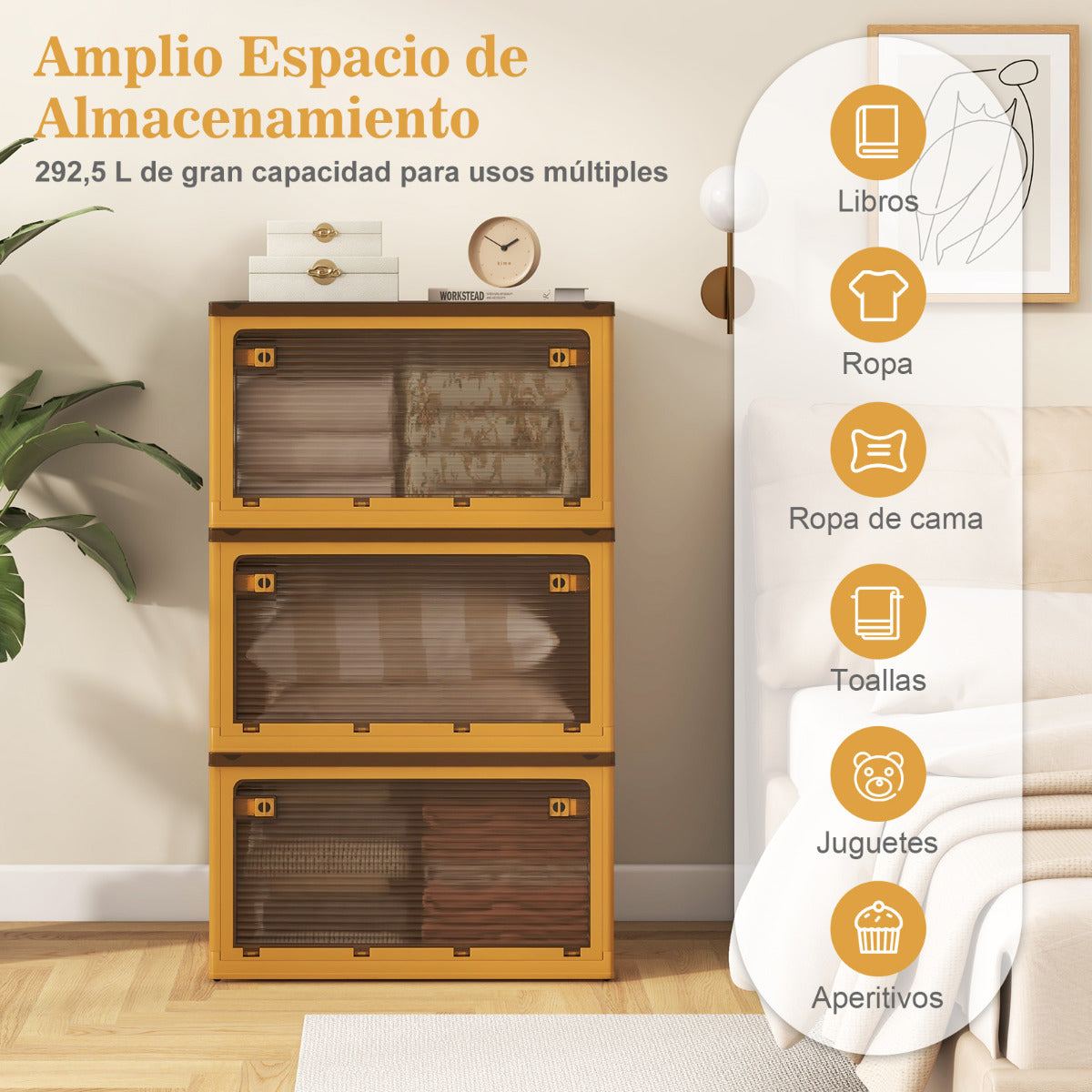 Juego de 3 Contenedores Plegables Apilables con Tapas 292,5L con Ruedas y 5 Puertas Cajas para Organización de Oficina Casa Camping Amarillo
