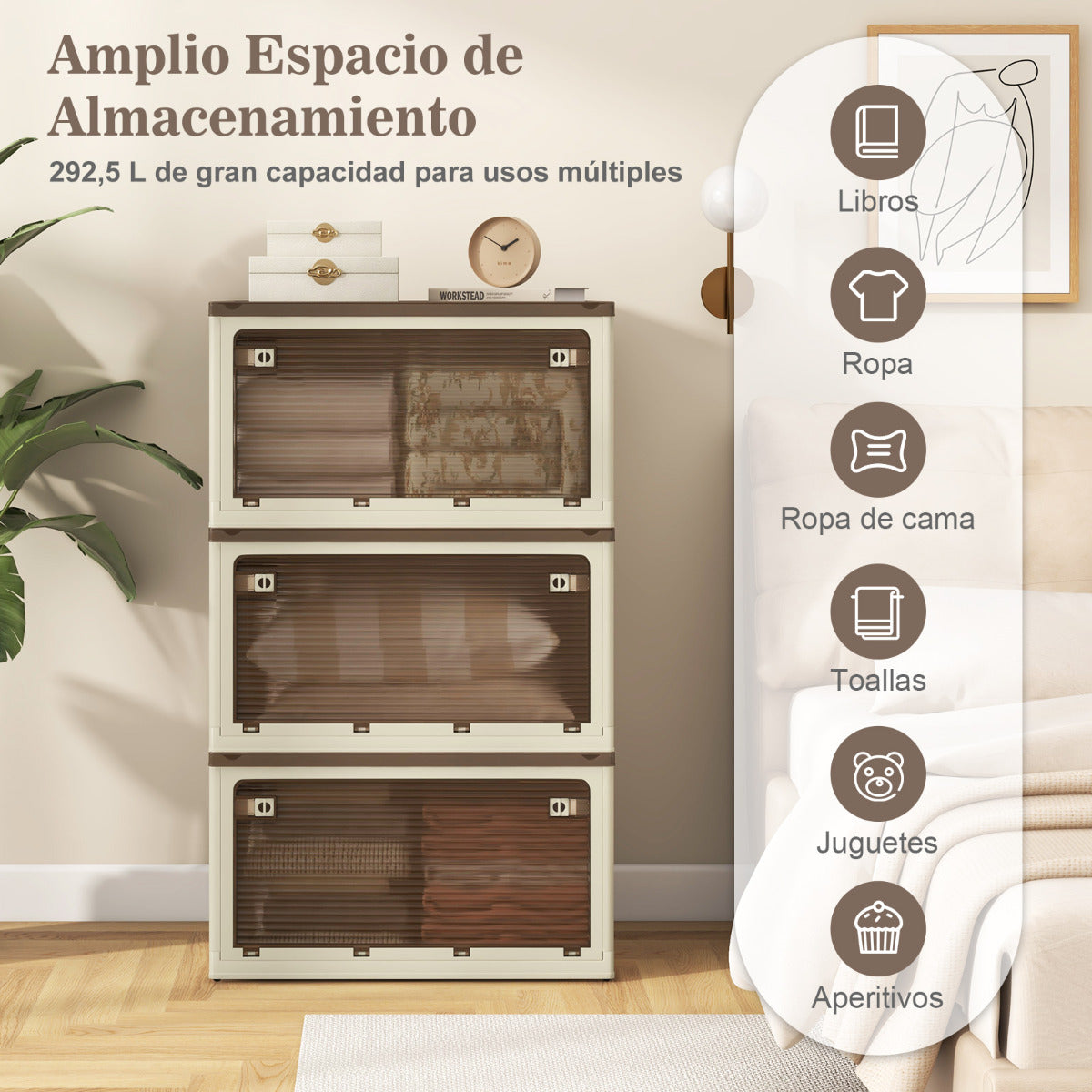 Juego de 3 Contenedores Plegables Apilables con Tapas 292,5L con Ruedas y 5 Puertas Cajas para Organización de Oficina Casa Camping Blanco