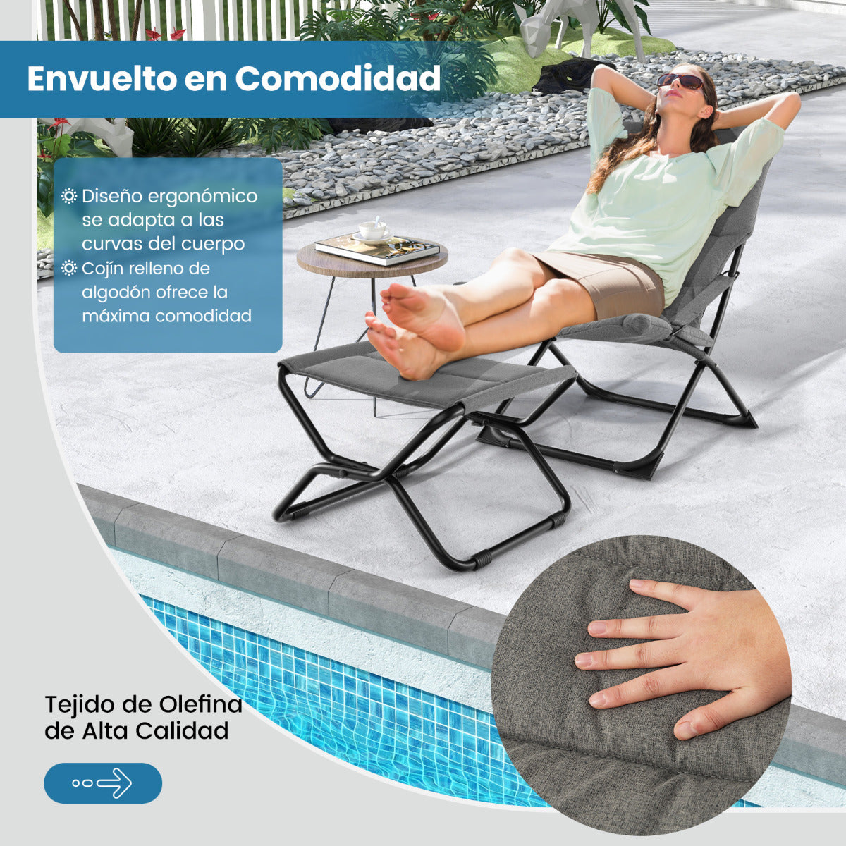 Silla Plegable para Patio con Otomana Sillón Portátil para Exteriores con Reposapiés y Cojín Extraíble Silla de Playa Reclinable Gris