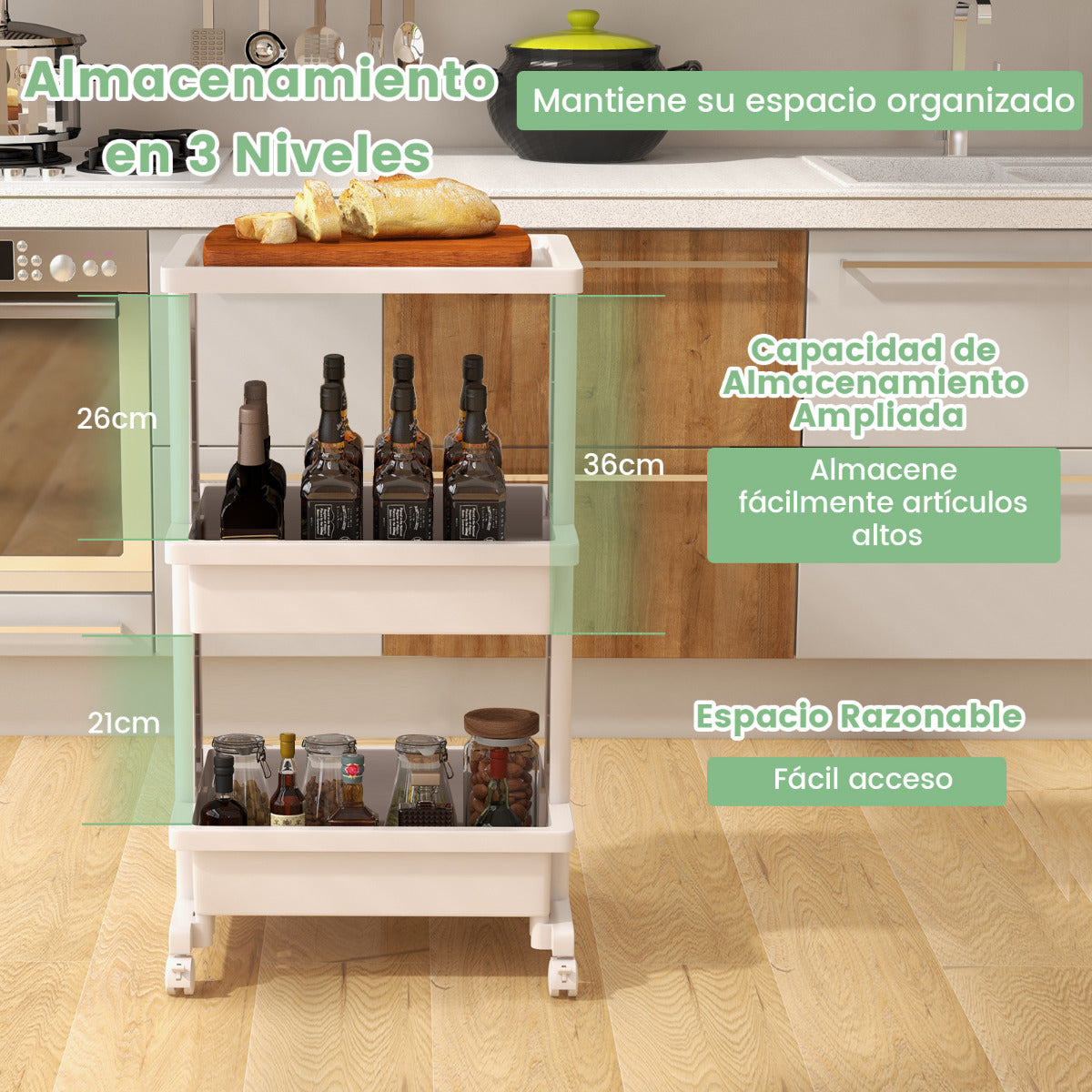Carro Rodante de 3 Niveles con Mesa Utilitario de Plástico Ruedas Carro de Almacenamiento para Cocina Baño Oficina 45 x 30 x 81 cm Blanco