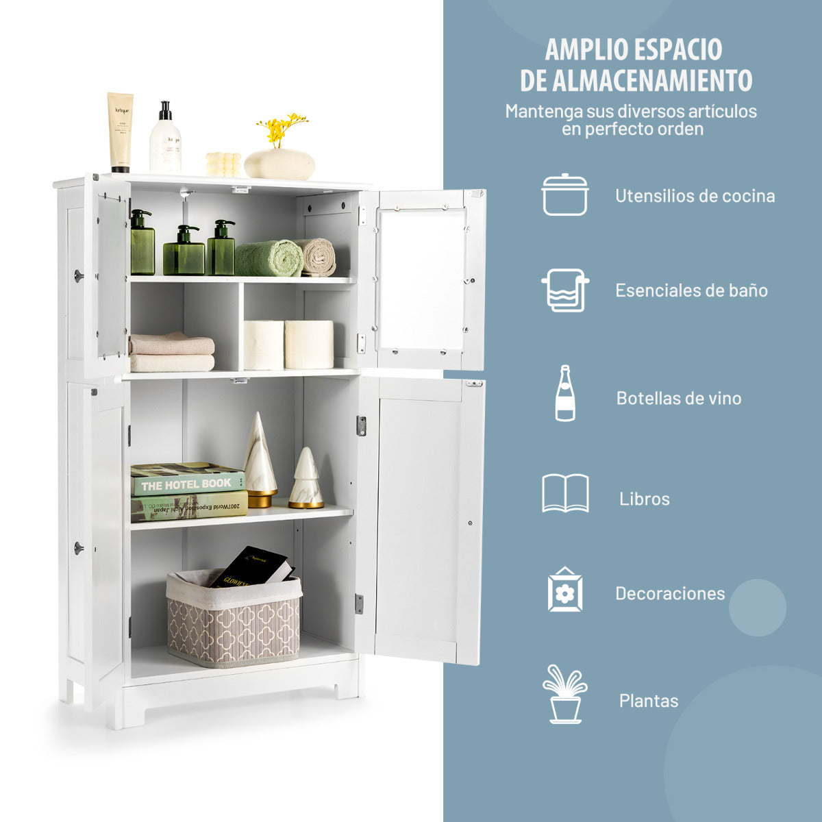 Armario del Baño Organizador Multiuso Antivuelco con 4 Puertas de Vidrio Repisas Regulables para Salón Cocina Pasillo Blanco 58 x 30 x 109 cm