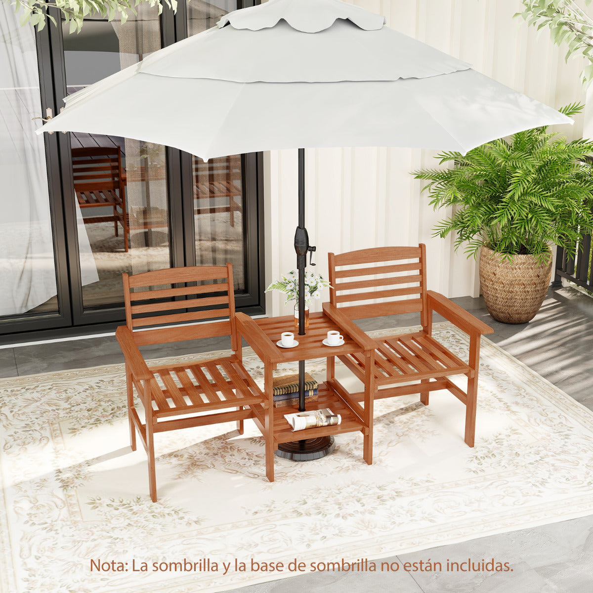 Sofá de 2 Plazas para Patio con Mesa de Centro de Madera Juego de Muebles con Orificio para Sombrilla para Jardín Piscina Balcón Terraza