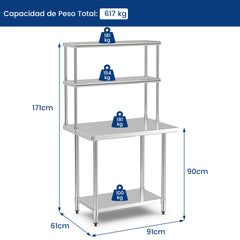 Estante Superior de Acero Inoxidable con Estante Inferior Ajustable Estante de 2 Niveles para Restaurante Hogar y Cocina 92 x 30 x 85 cm
