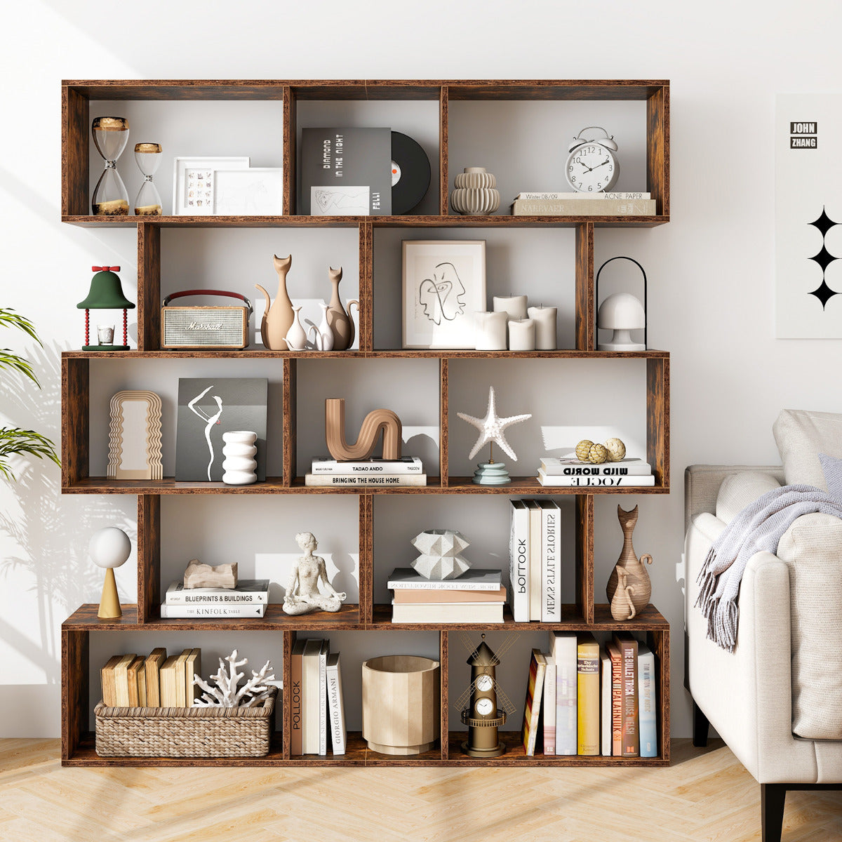 Estante en S con 5 Niveles Librería de Madera Multiuso en Estilo Industrial para Salón Dormitorio Casa Oficina Marrón Rústico 70 x 24 x 158 cm