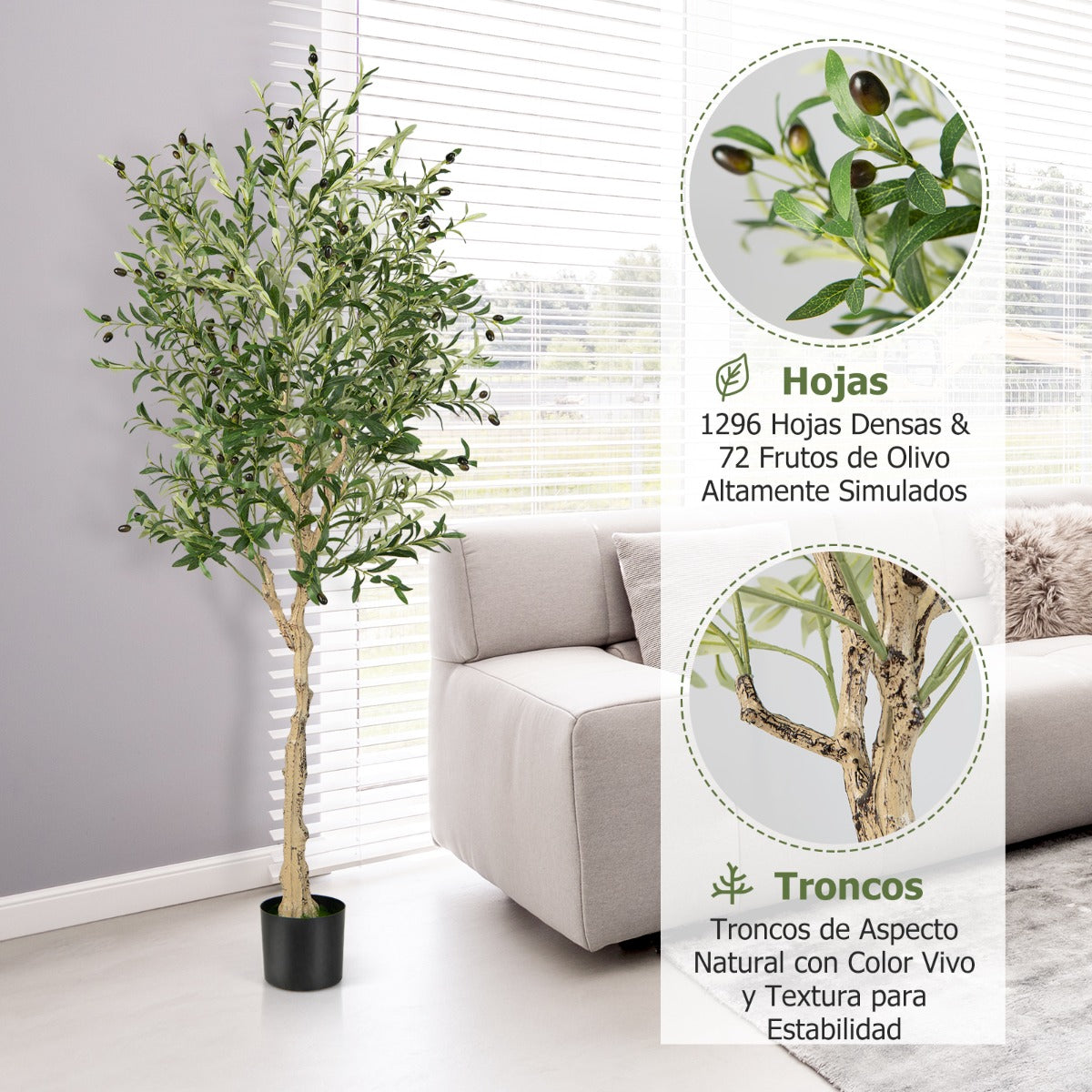 Juego de 1 Árboles de Olivo Artificial 182 cm Plantas Falsas Decorativas de Imitación en Maceta de Cemento para Interior Oficina Casa