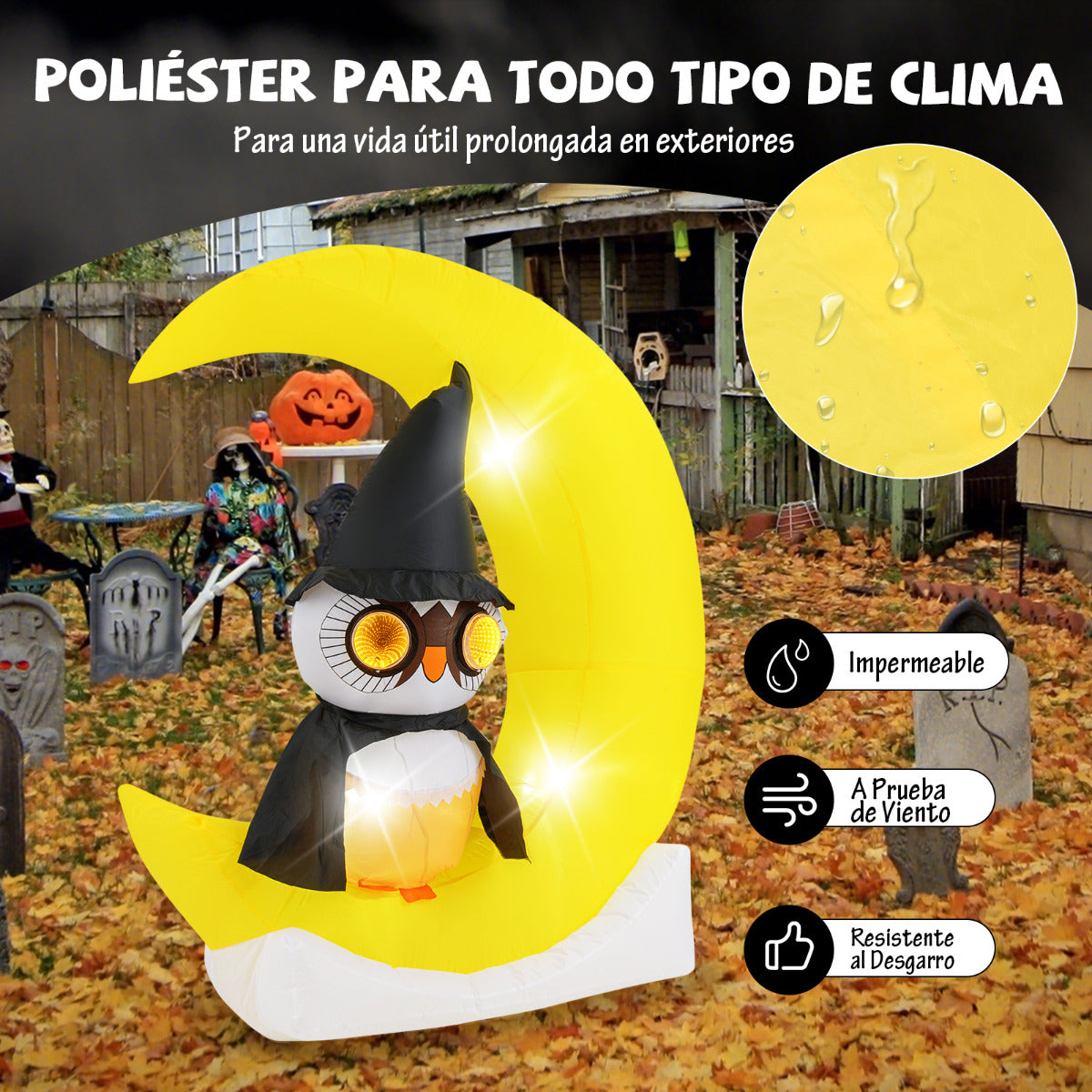 130 x 155 cm Búho Inflable en la Luna Decoración de Halloween Iluminada con LED Gran Luna y Búho Hechicero Decoración Gigante para Jardín