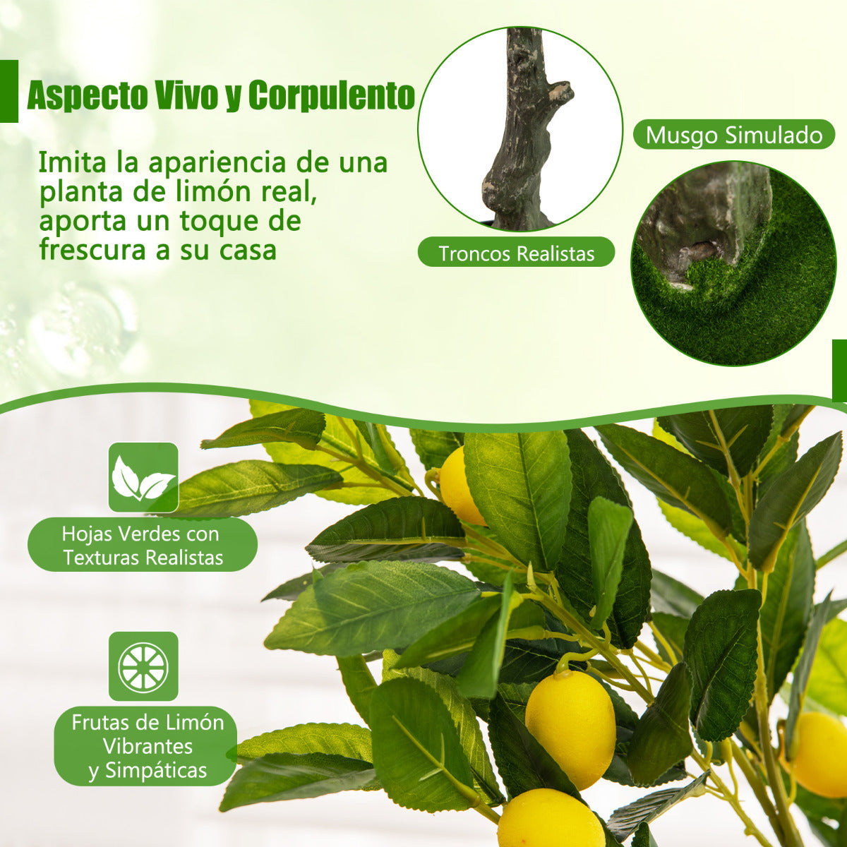 Limonero Artificial de 120 cm Planta de Limón Falsa con Frutas Maceta de Cemento Decoración para Interior Hogar Salón Oficina