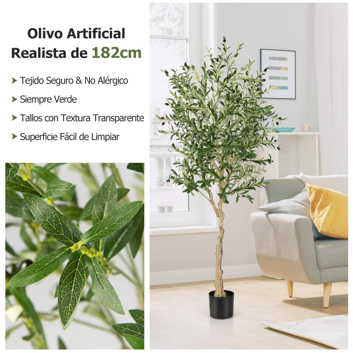 Juego de 1 Árboles de Olivo Artificial 182 cm Plantas Falsas Decorativas de Imitación en Maceta de Cemento para Interior Oficina Casa