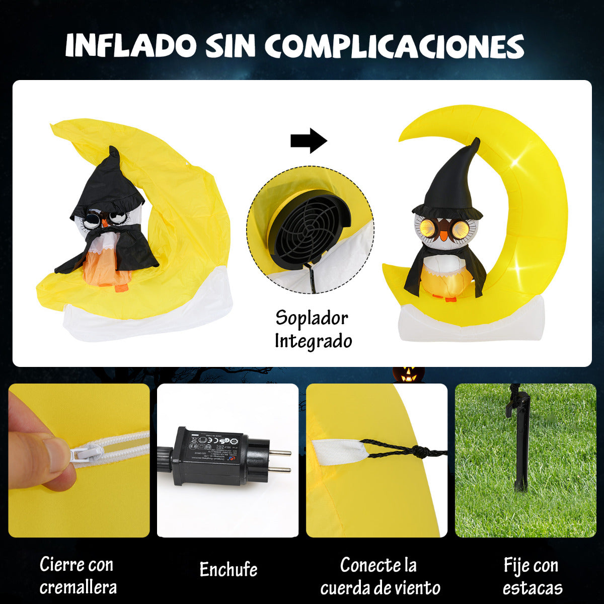 130 x 155 cm Búho Inflable en la Luna Decoración de Halloween Iluminada con LED Gran Luna y Búho Hechicero Decoración Gigante para Jardín