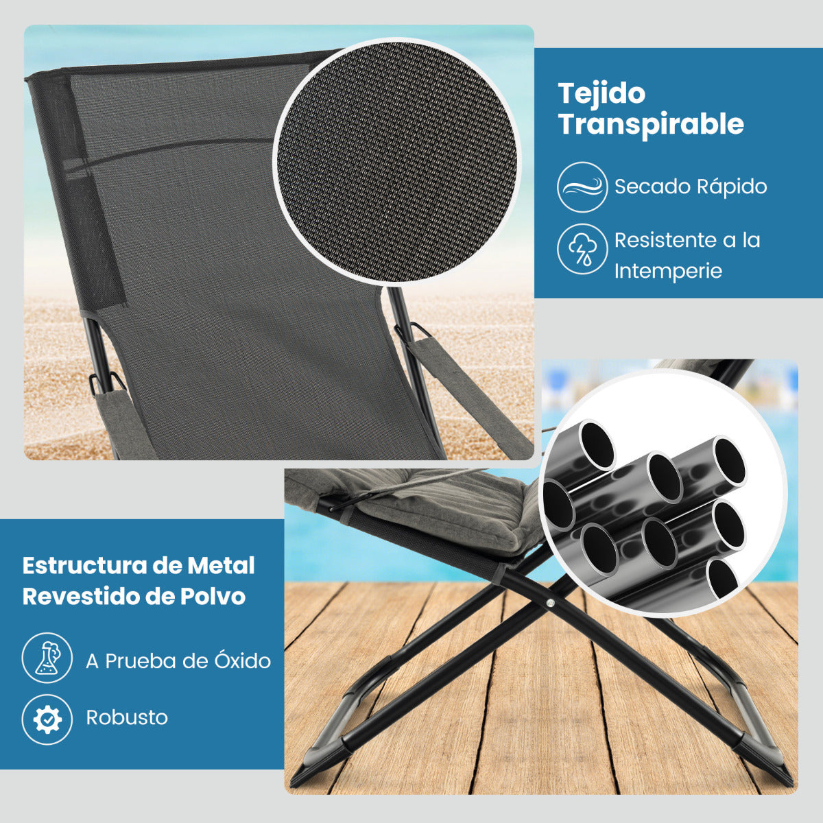 Silla Plegable para Patio con Otomana Sillón Portátil para Exteriores con Reposapiés y Cojín Extraíble Silla de Playa Reclinable Gris