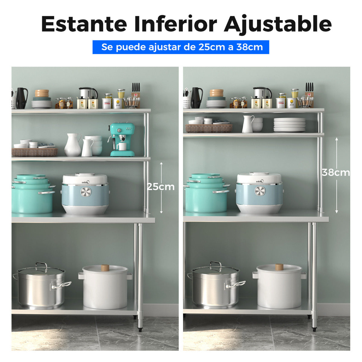 Estante Superior de Acero Inoxidable con Estante Inferior Ajustable Estante de 2 Niveles para Restaurante Hogar y Cocina 122 x 30 x 85 cm