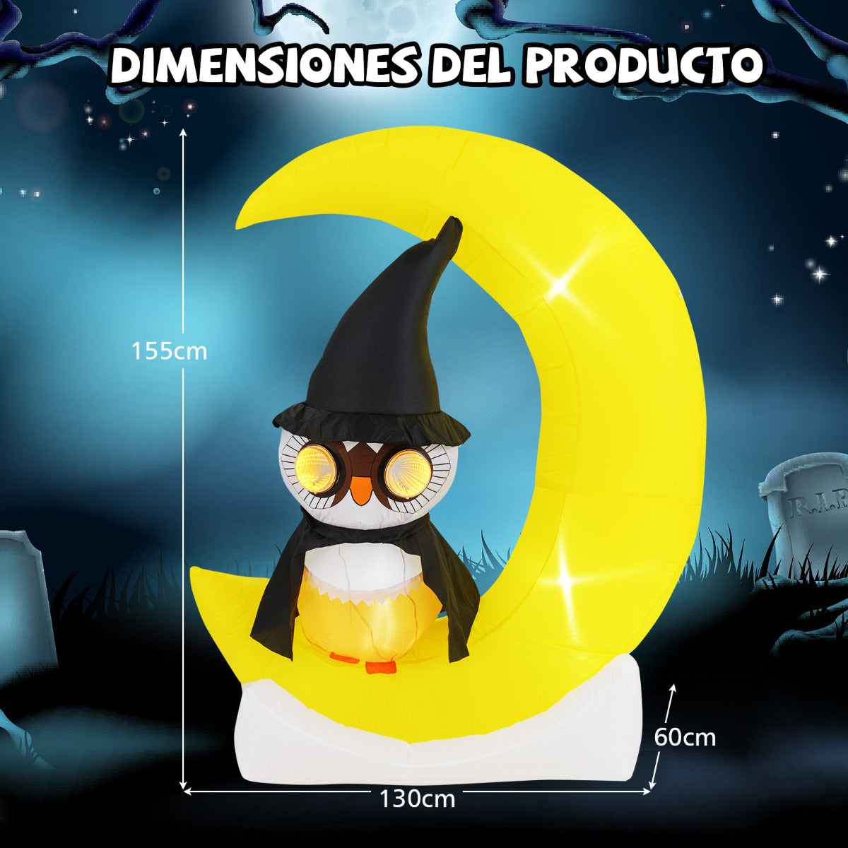 130 x 155 cm Búho Inflable en la Luna Decoración de Halloween Iluminada con LED Gran Luna y Búho Hechicero Decoración Gigante para Jardín