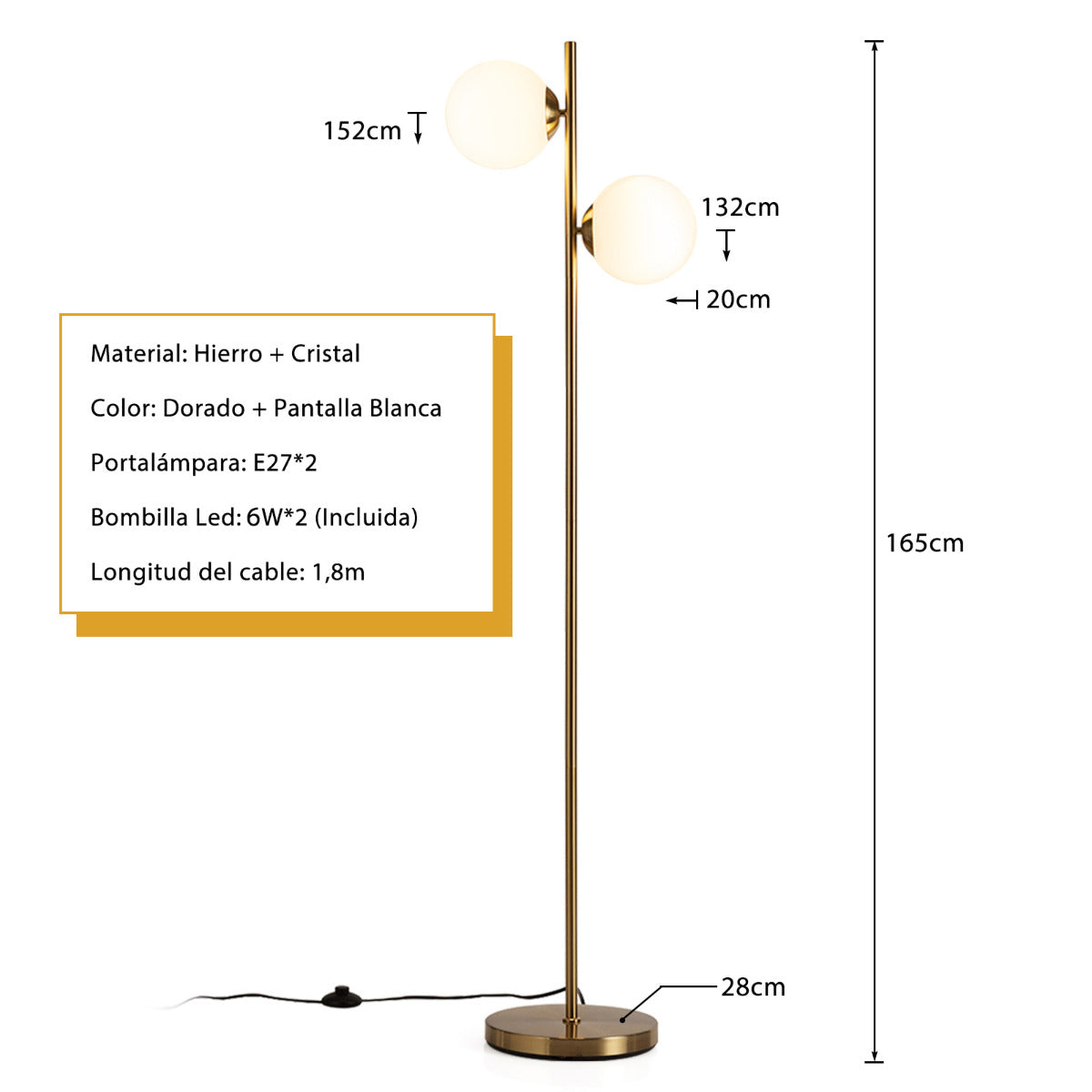 165 cm Lámpara de Pie de 12 w con Globo de Vidrio de 2 Cabezales 2 Bombillas y Interruptor para Sala de Estar Dormitorio y Oficina Dorado