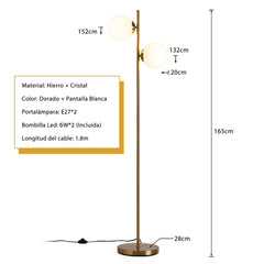 165 cm Lámpara de Pie de 12 w con Globo de Vidrio de 2 Cabezales 2 Bombillas y Interruptor para Sala de Estar Dormitorio y Oficina Dorado