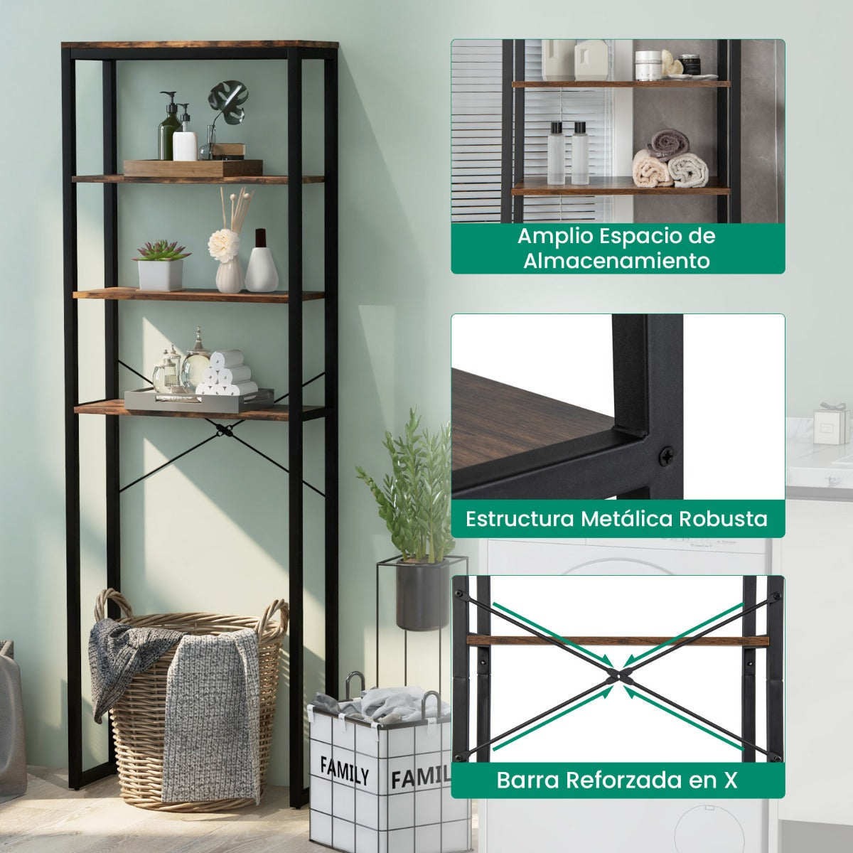 Estante de Almacenamiento sobre el Inodoro de Baño de 4 Niveles con Estructura Metálica y Dispositivos Anticaída con Pies Ajustables Marrón