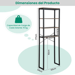 Estante de Almacenamiento sobre el Inodoro de Baño de 4 Niveles con Estructura Metálica y Dispositivos Anticaída con Pies Ajustables Marrón