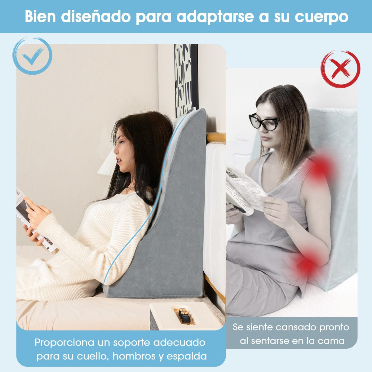 Almohada de Lectura de Cuña Triangular Diseño Curvado Único Funda Lavable a Máquina Cojín para Dormir Cama Embarazos 51 x 32 x 63 cm Gris
