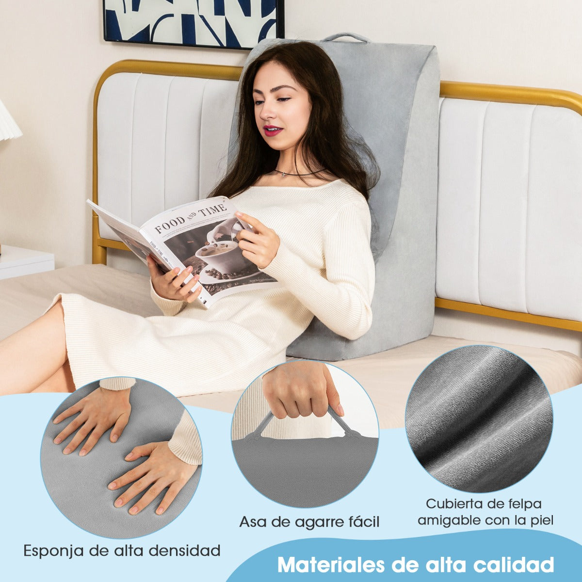 Almohada de Lectura de Cuña Triangular Diseño Curvado Único Funda Lavable a Máquina Cojín para Dormir Cama Embarazos 51 x 32 x 63 cm Gris