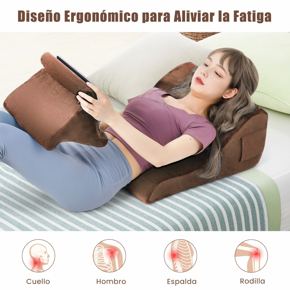 Almohadas de Cuña para Cama con Soporte para Tableta Espuma de Alta Resiliencia Bolsillos Laterales Marrón