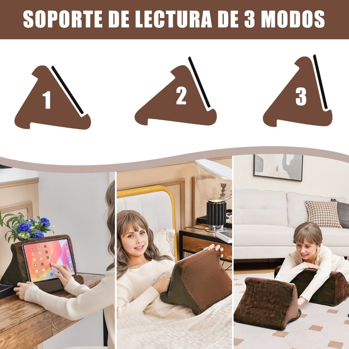 Almohadas de Cuña para Cama con Soporte para Tableta Espuma de Alta Resiliencia Bolsillos Laterales Marrón