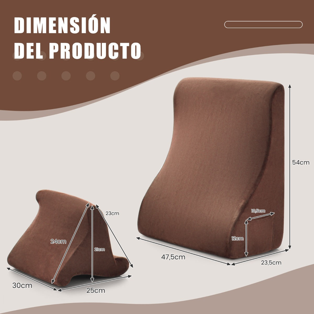 Almohadas de Cuña para Cama con Soporte para Tableta Espuma de Alta Resiliencia Bolsillos Laterales Marrón