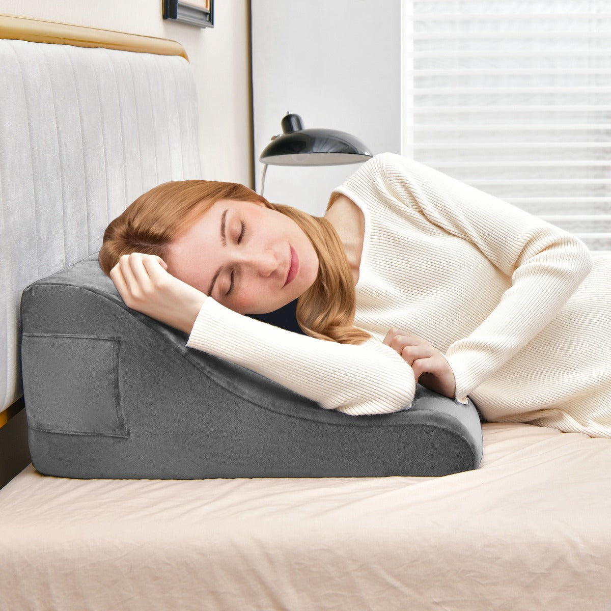 Almohadas de Cuña para Cama con Soporte para Tableta Espuma de Alta Resiliencia Bolsillos Laterales Gris