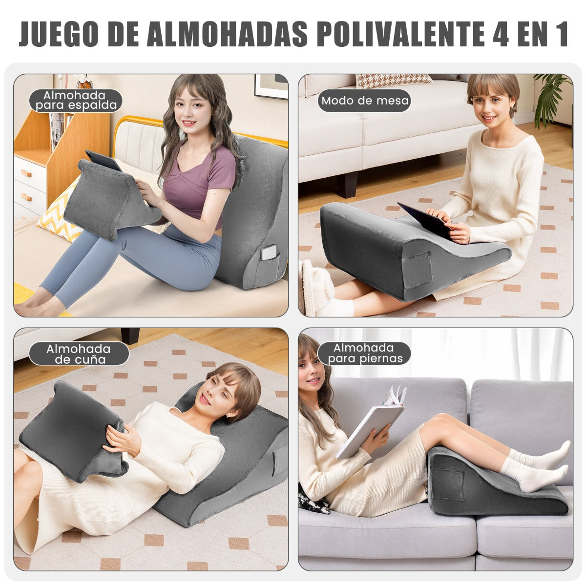 Almohadas de Cuña para Cama con Soporte para Tableta Espuma de Alta Resiliencia Bolsillos Laterales Gris