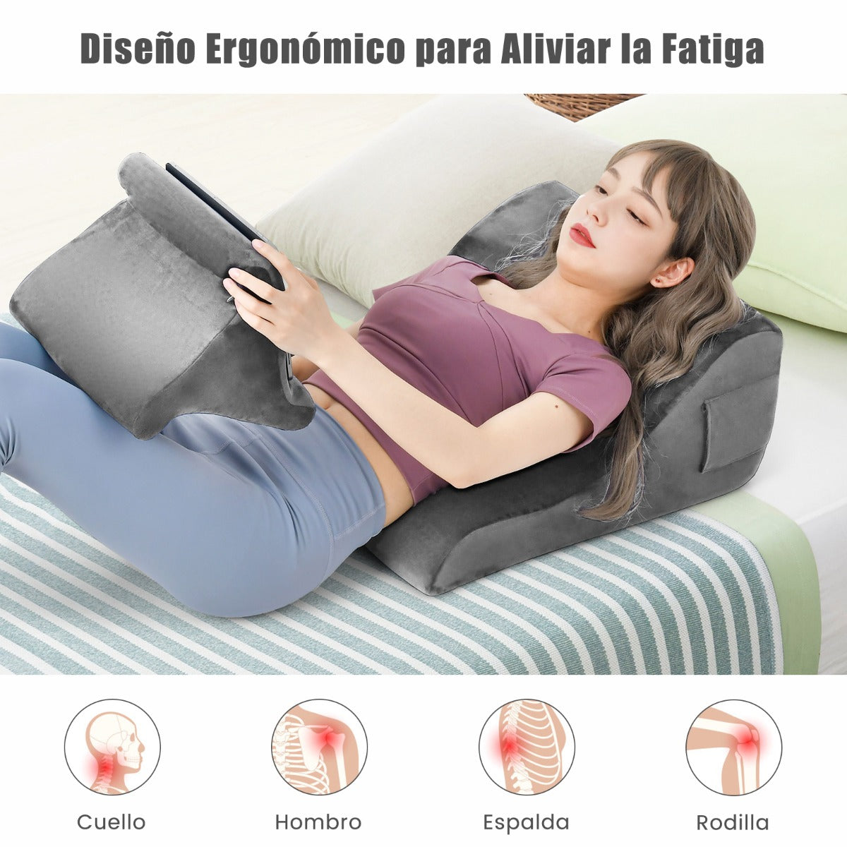 Almohadas de Cuña para Cama con Soporte para Tableta Espuma de Alta Resiliencia Bolsillos Laterales Gris