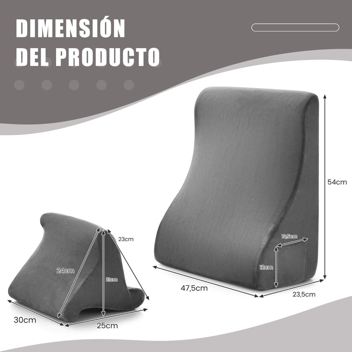 Almohadas de Cuña para Cama con Soporte para Tableta Espuma de Alta Resiliencia Bolsillos Laterales Gris