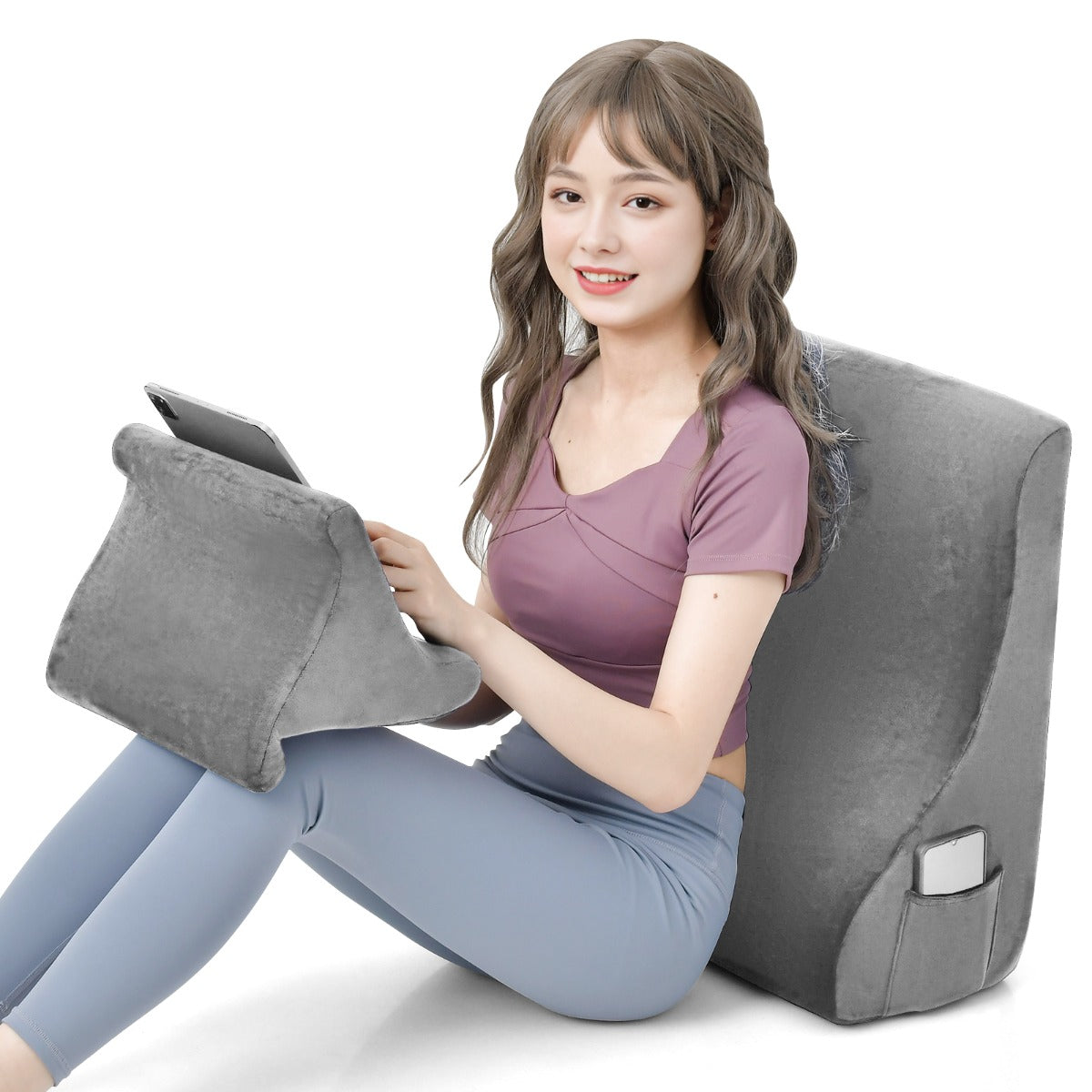 Almohadas de Cuña para Cama con Soporte para Tableta Espuma de Alta Resiliencia Bolsillos Laterales Gris