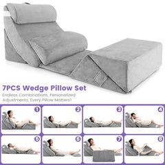 Set de 7 Almohadas de Cuña para Respaldo Cama Ajustables de Espuma Viscoelástica Cojín para Cabeza/Cuello/Espalda 119 x 59 x 55 cm Gris