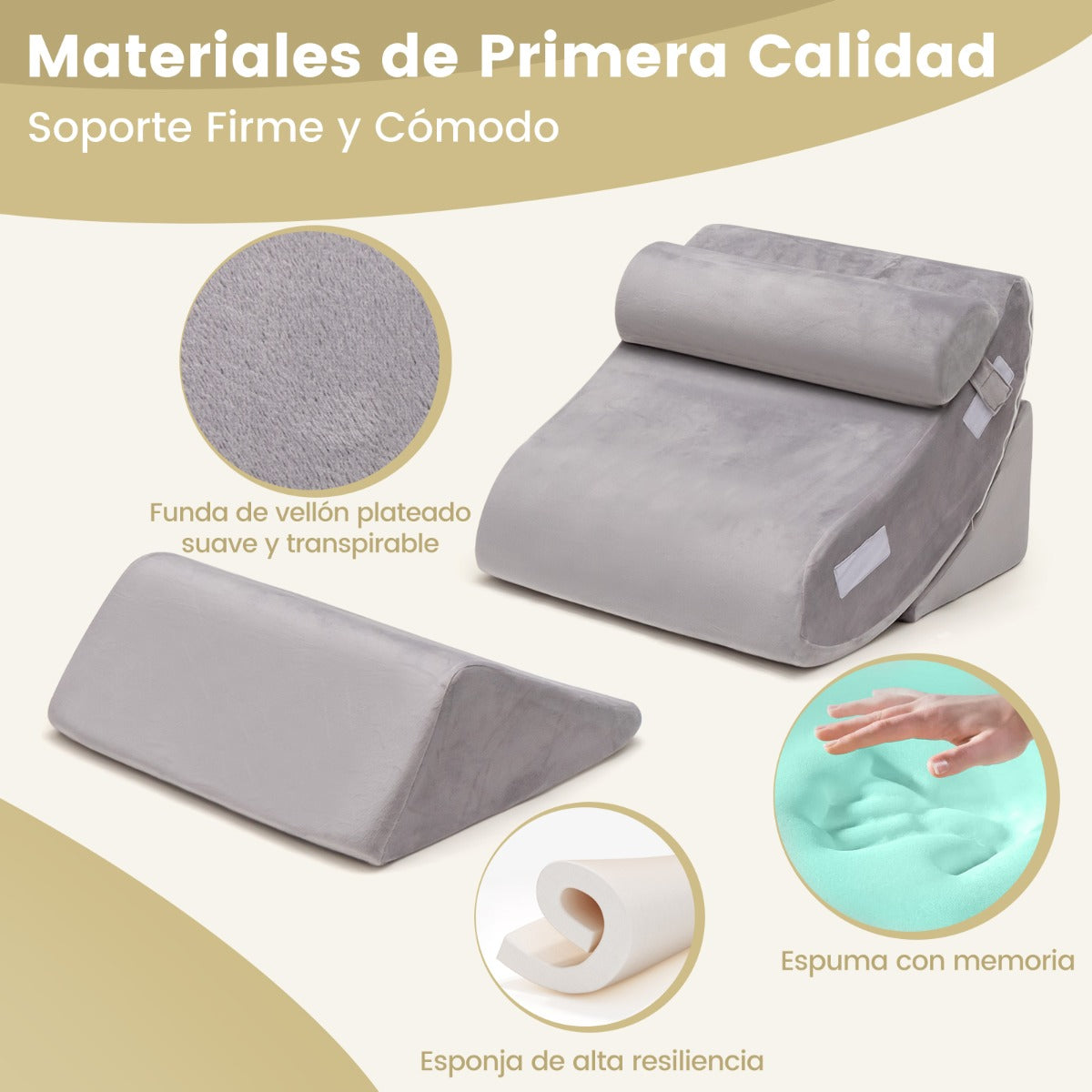 Almohada de Cuña para Cama de 4 Piezas Juego de Almohadas Postquirúrgicas de Espuma de Memoria Almohada de Soporte de Espalda Ajustable Gris