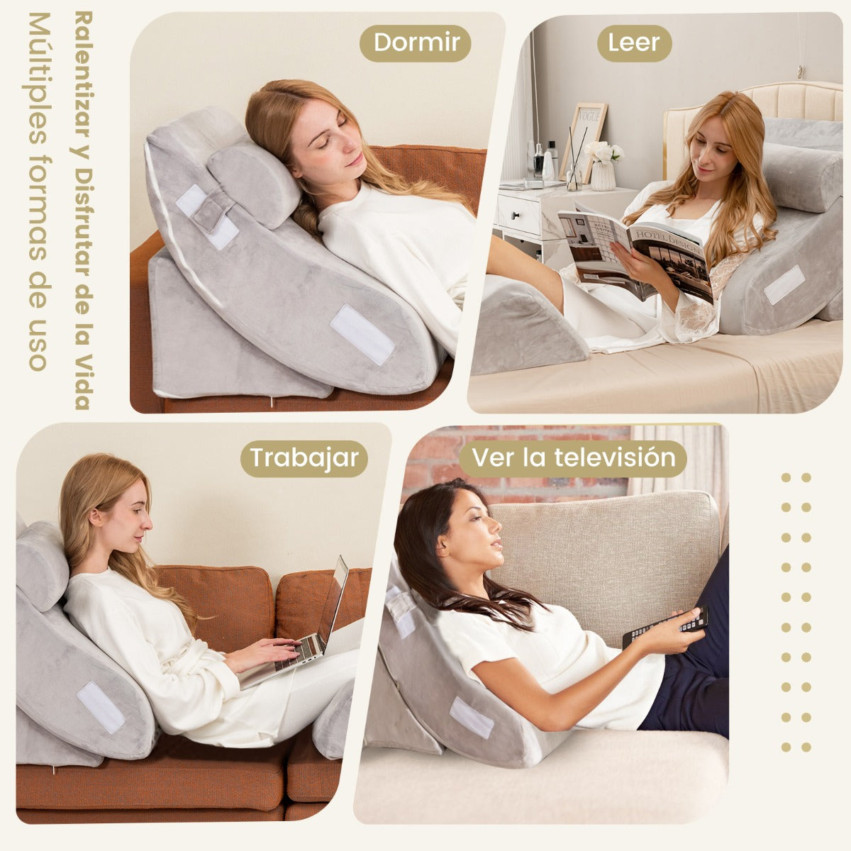 Almohada de Cuña para Cama de 4 Piezas Juego de Almohadas Postquirúrgicas de Espuma de Memoria Almohada de Soporte de Espalda Ajustable Gris