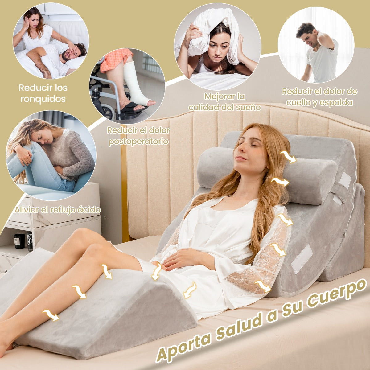 Almohada de Cuña para Cama de 4 Piezas Juego de Almohadas Postquirúrgicas de Espuma de Memoria Almohada de Soporte de Espalda Ajustable Gris
