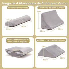 Almohada de Cuña para Cama de 4 Piezas Juego de Almohadas Postquirúrgicas de Espuma de Memoria Almohada de Soporte de Espalda Ajustable Gris