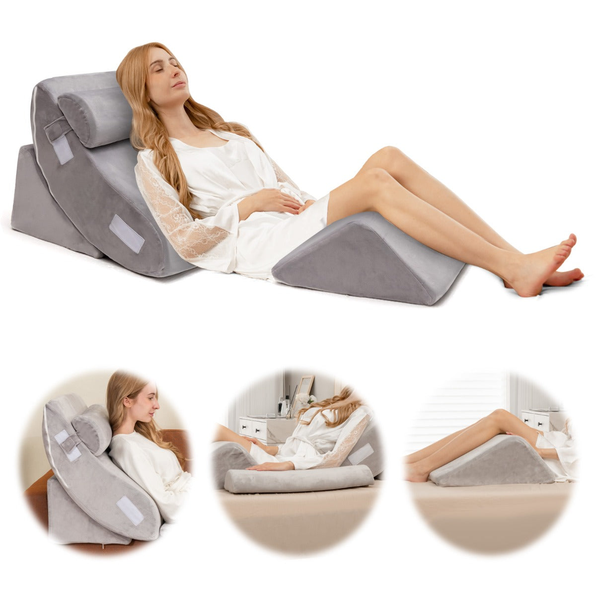 Almohada de Cuña para Cama de 4 Piezas Juego de Almohadas Postquirúrgicas de Espuma de Memoria Almohada de Soporte de Espalda Ajustable Gris