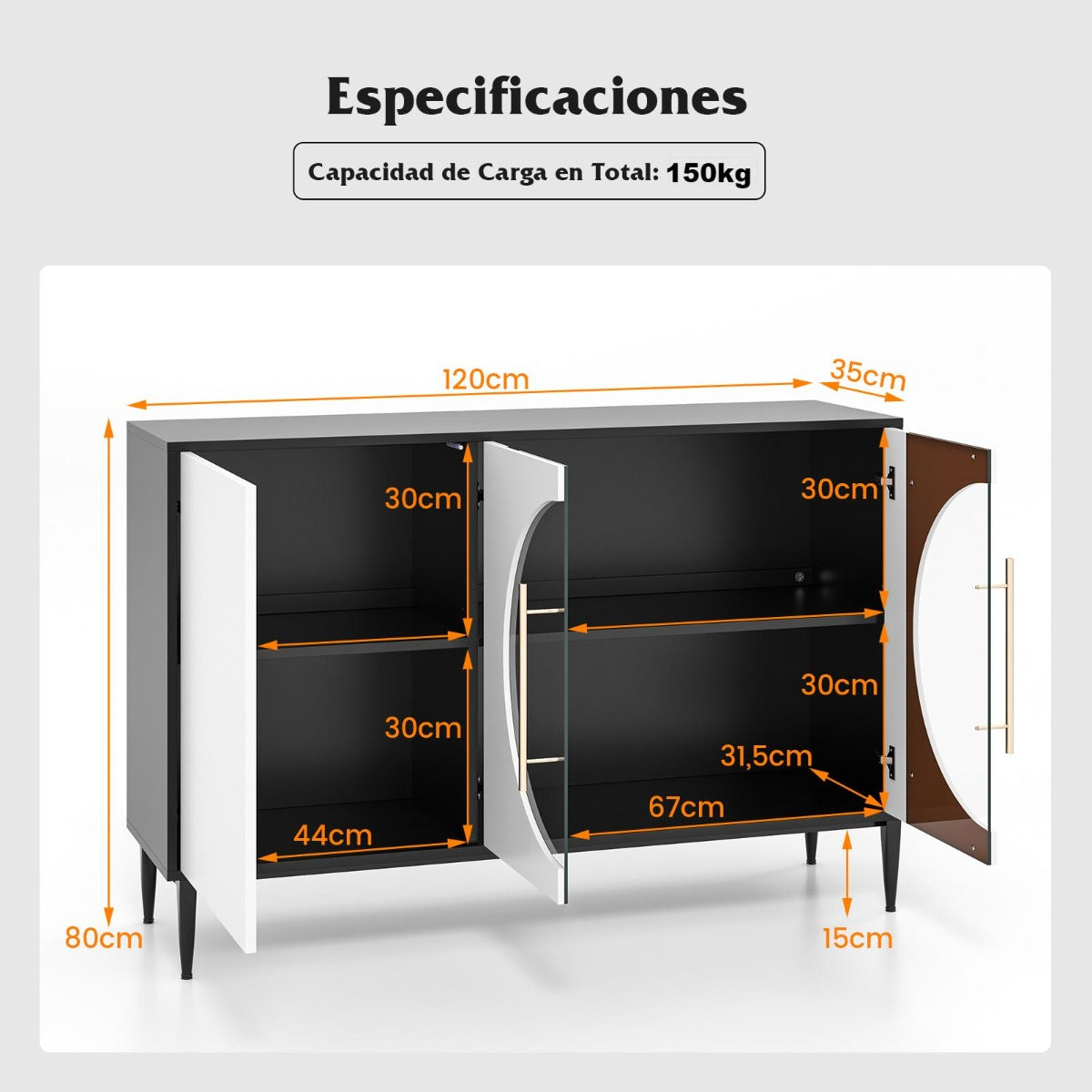 Aparador con Puerta de Vidrio Templado 3 Puertas Patas de Metal Elevadas Gabinete de Almacenamiento Independiente para Cocina Blanco