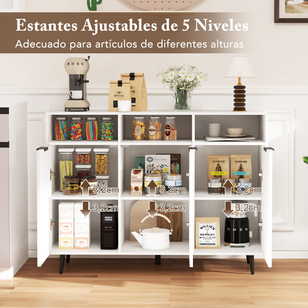 Aparador Buffet Armario de Almacenaje para Cocina con Estantes Ajustables Mueble de Bar con 3 Compartimentos y Puertas para Comedor Blanco