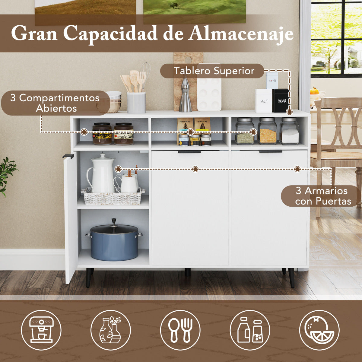 Aparador Buffet Armario de Almacenaje para Cocina con Estantes Ajustables Mueble de Bar con 3 Compartimentos y Puertas para Comedor Blanco