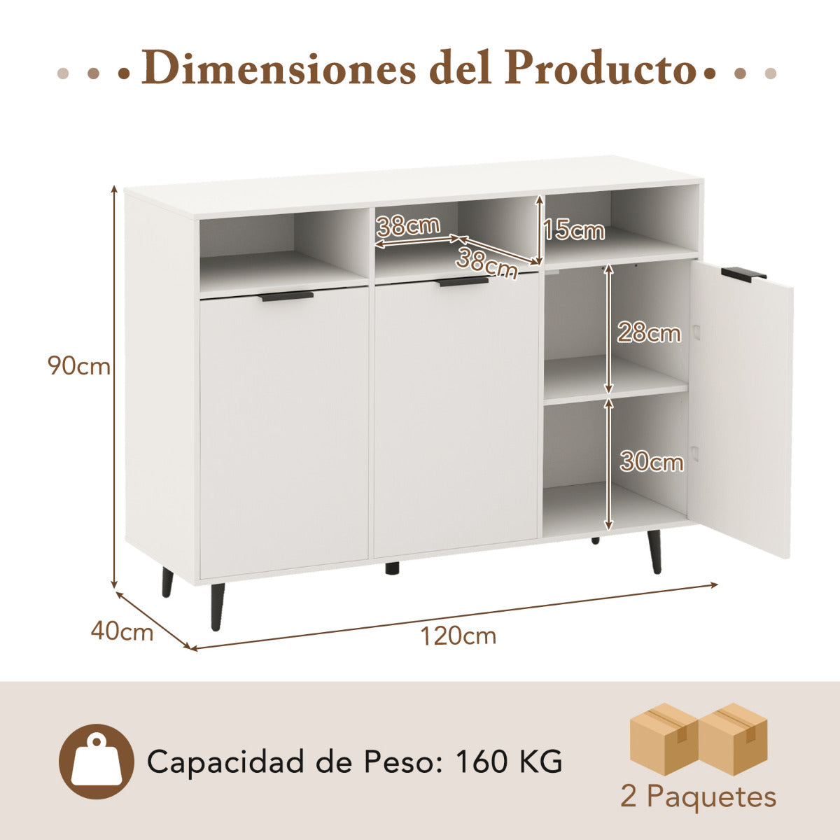 Aparador Buffet Armario de Almacenaje para Cocina con Estantes Ajustables Mueble de Bar con 3 Compartimentos y Puertas para Comedor Blanco