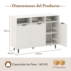 Aparador Buffet Armario de Almacenaje para Cocina con Estantes Ajustables Mueble de Bar con 3 Compartimentos y Puertas para Comedor Blanco