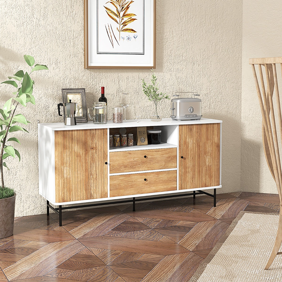 Mueble de TV 65” con Orificio para Cables Puertas Corredizas Persiana 2 Cajones Aparador Buffet para Sala de Estar 150 x 45 x 74 cm Blanco