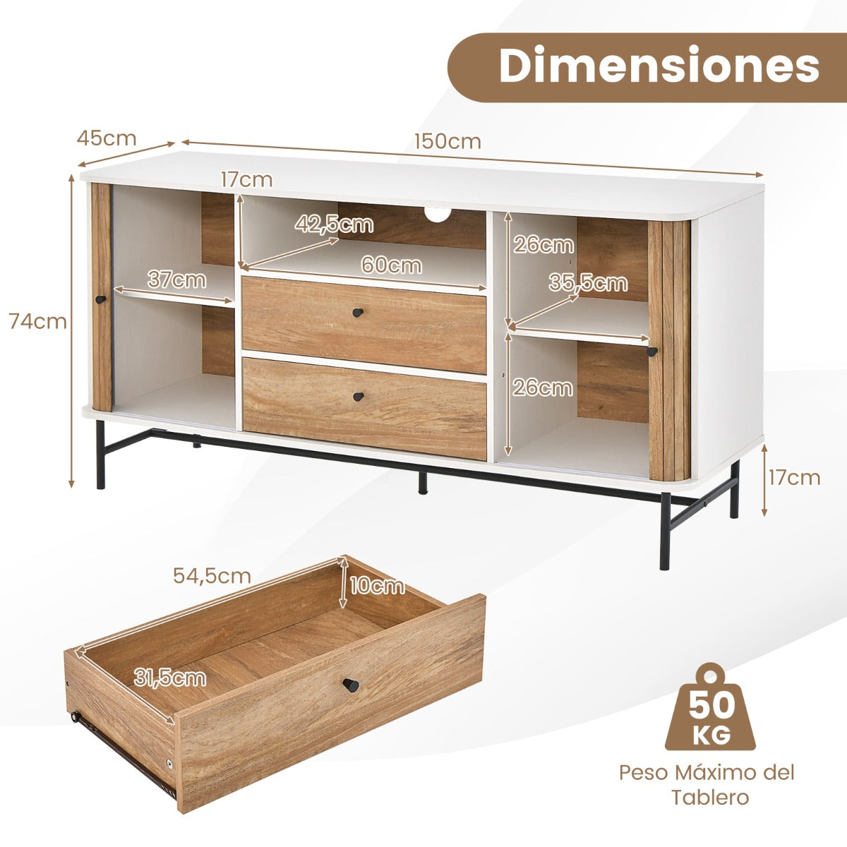 Mueble de TV 65” con Orificio para Cables Puertas Corredizas Persiana 2 Cajones Aparador Buffet para Sala de Estar 150 x 45 x 74 cm Blanco