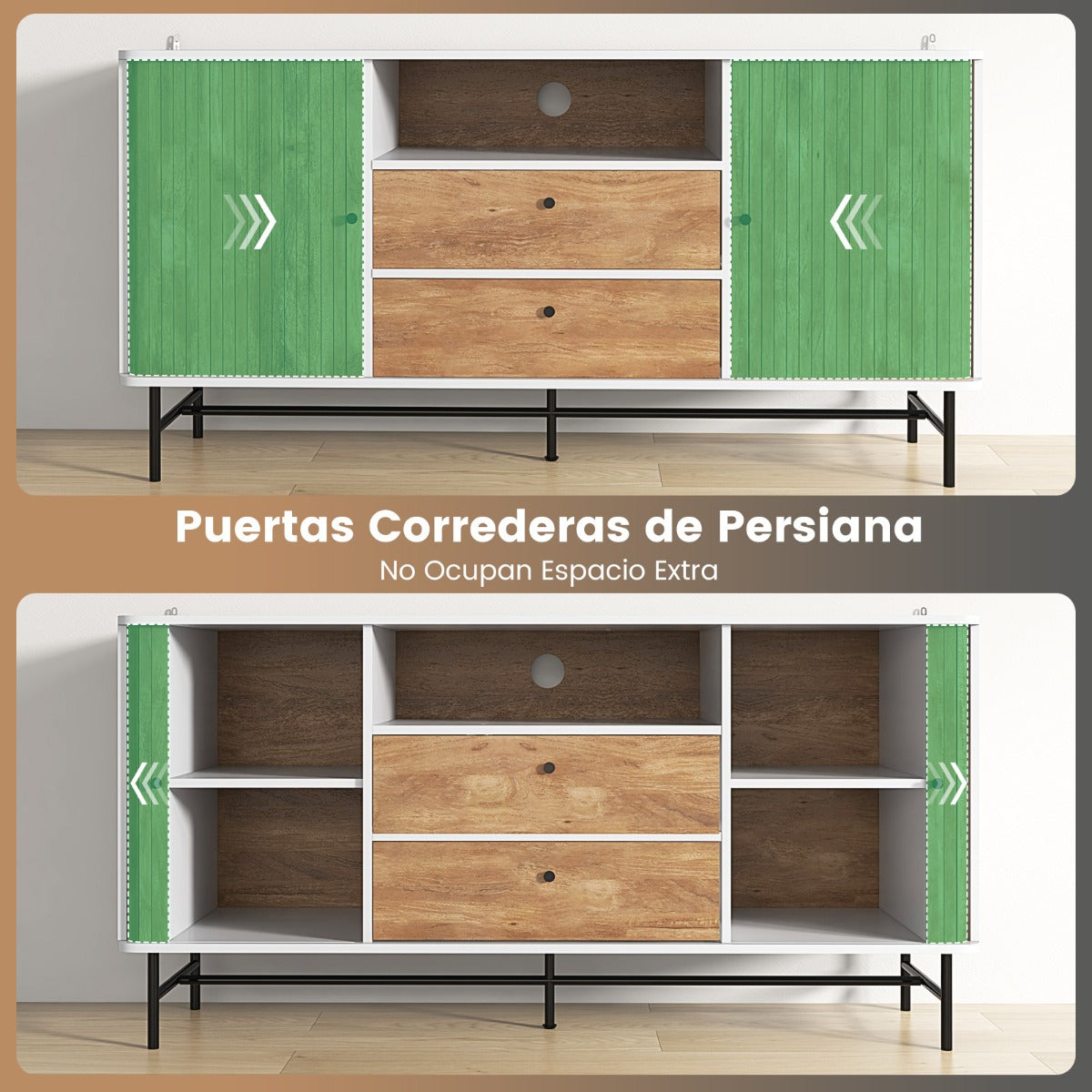 Mueble de TV 65” con Orificio para Cables Puertas Corredizas Persiana 2 Cajones Aparador Buffet para Sala de Estar 150 x 45 x 74 cm Blanco