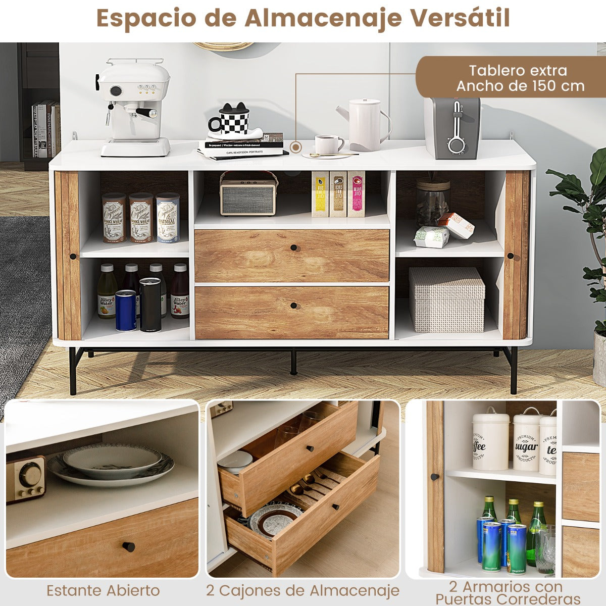 Mueble de TV 65” con Orificio para Cables Puertas Corredizas Persiana 2 Cajones Aparador Buffet para Sala de Estar 150 x 45 x 74 cm Blanco