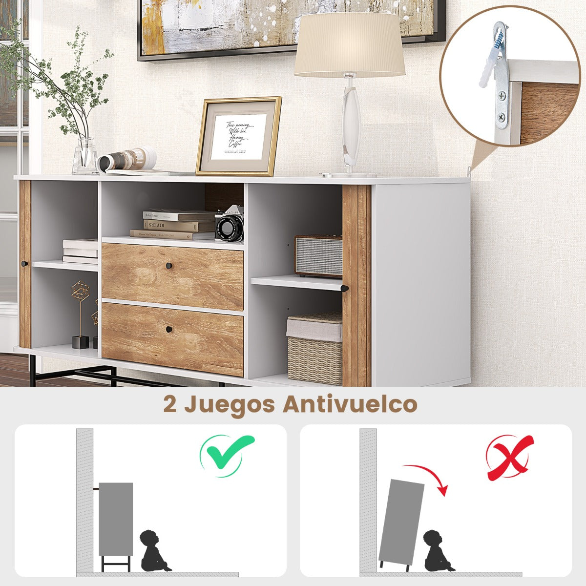 Mueble de TV 65” con Orificio para Cables Puertas Corredizas Persiana 2 Cajones Aparador Buffet para Sala de Estar 150 x 45 x 74 cm Blanco