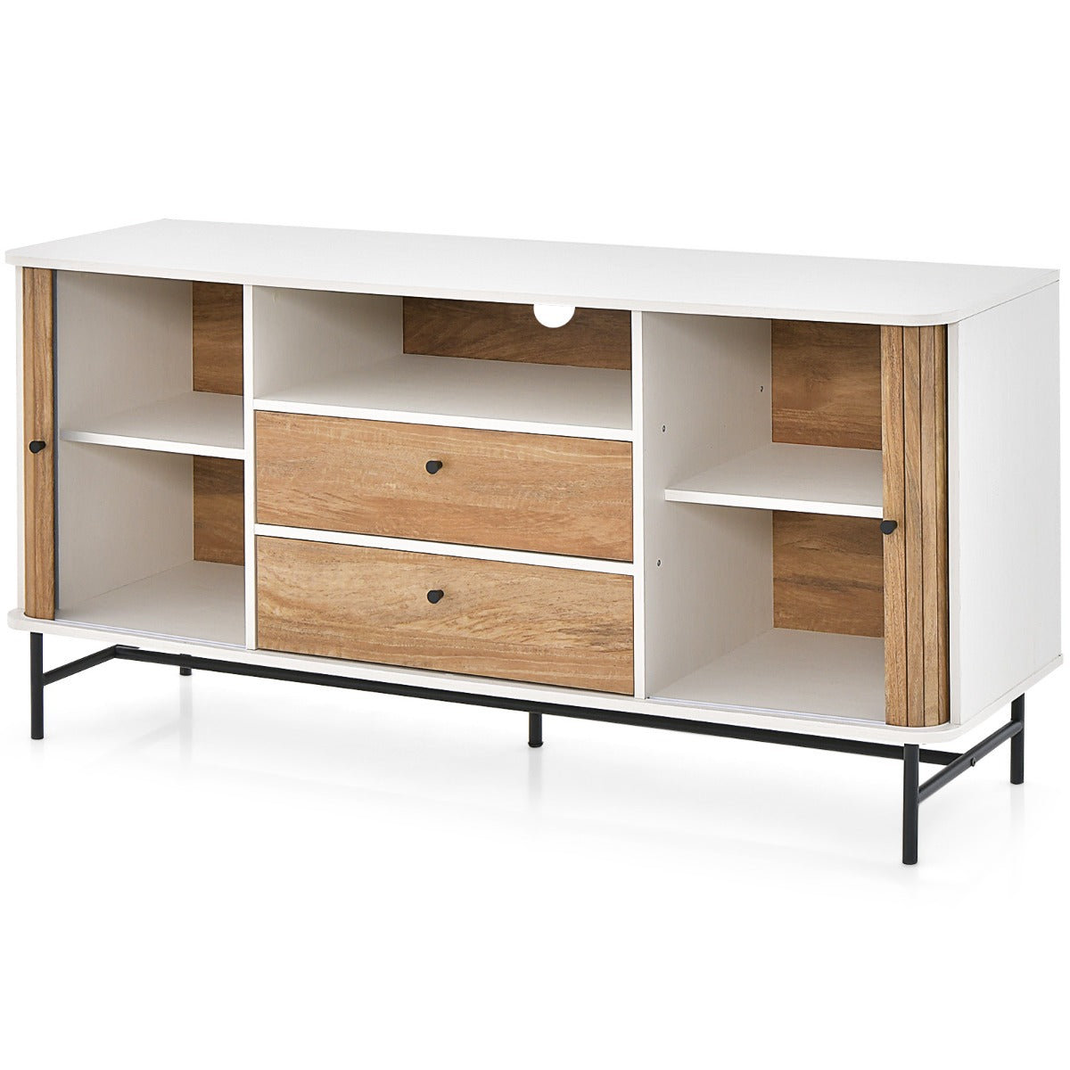 Mueble de TV 65” con Orificio para Cables Puertas Corredizas Persiana 2 Cajones Aparador Buffet para Sala de Estar 150 x 45 x 74 cm Blanco