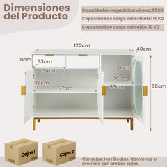 Aparador Independiente Buffet con 2 Cajones Puertas Patas de Metal Gabinete de Cocina para Comedor y Sala de Estar 120 x 40 x 88 cm Blanco
