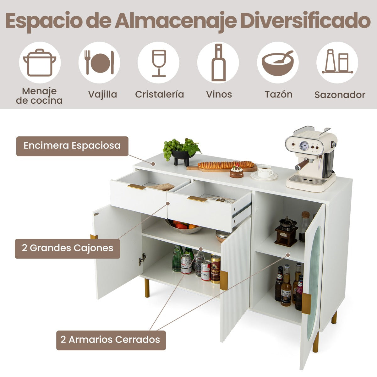 Aparador Independiente Buffet con 2 Cajones Puertas Patas de Metal Gabinete de Cocina para Comedor y Sala de Estar 120 x 40 x 88 cm Blanco