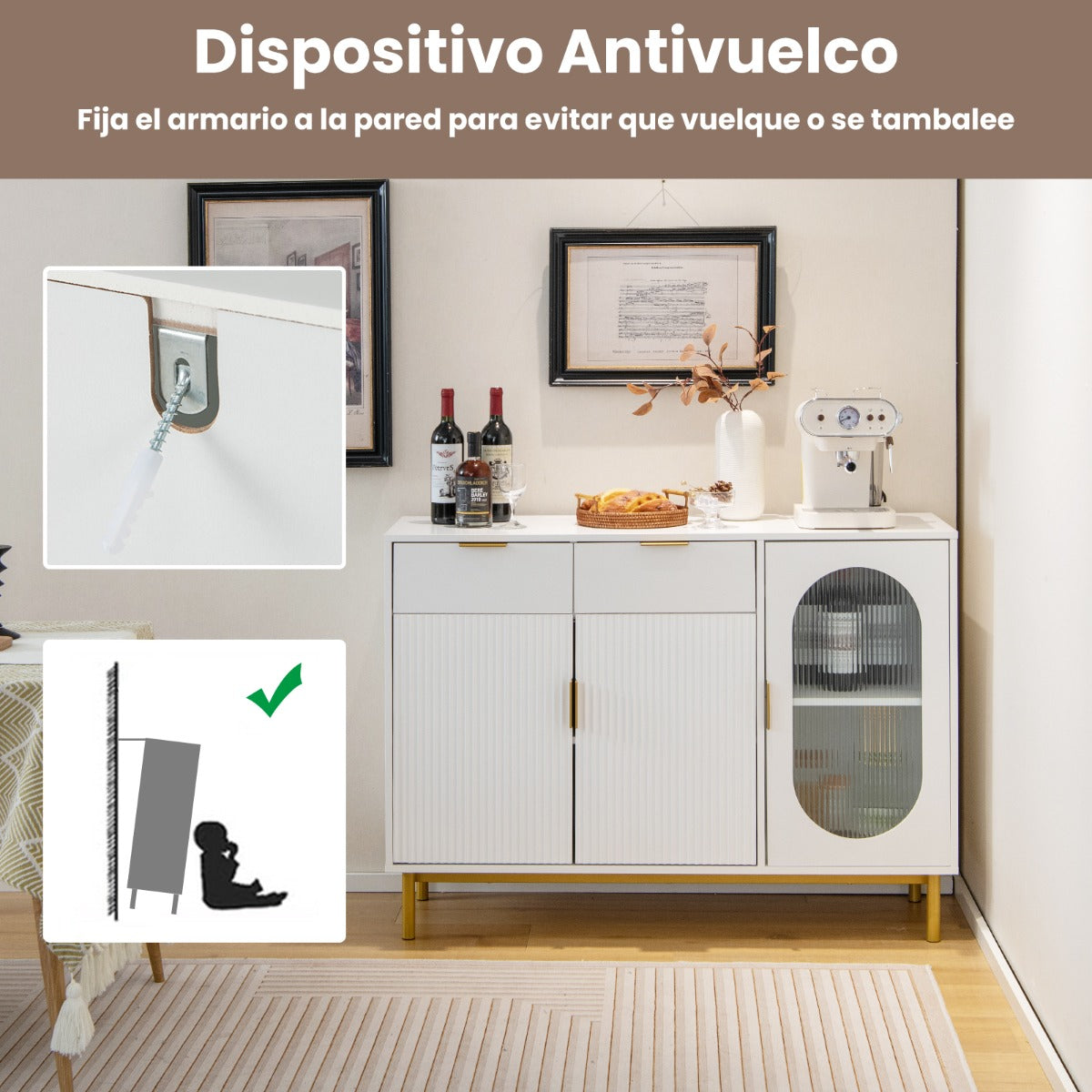 Aparador Independiente Buffet con 2 Cajones Puertas Patas de Metal Gabinete de Cocina para Comedor y Sala de Estar 120 x 40 x 88 cm Blanco